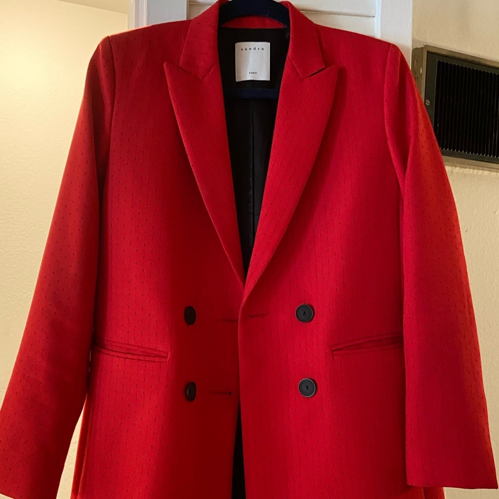 Sandro Paris red blazer with black polka dots